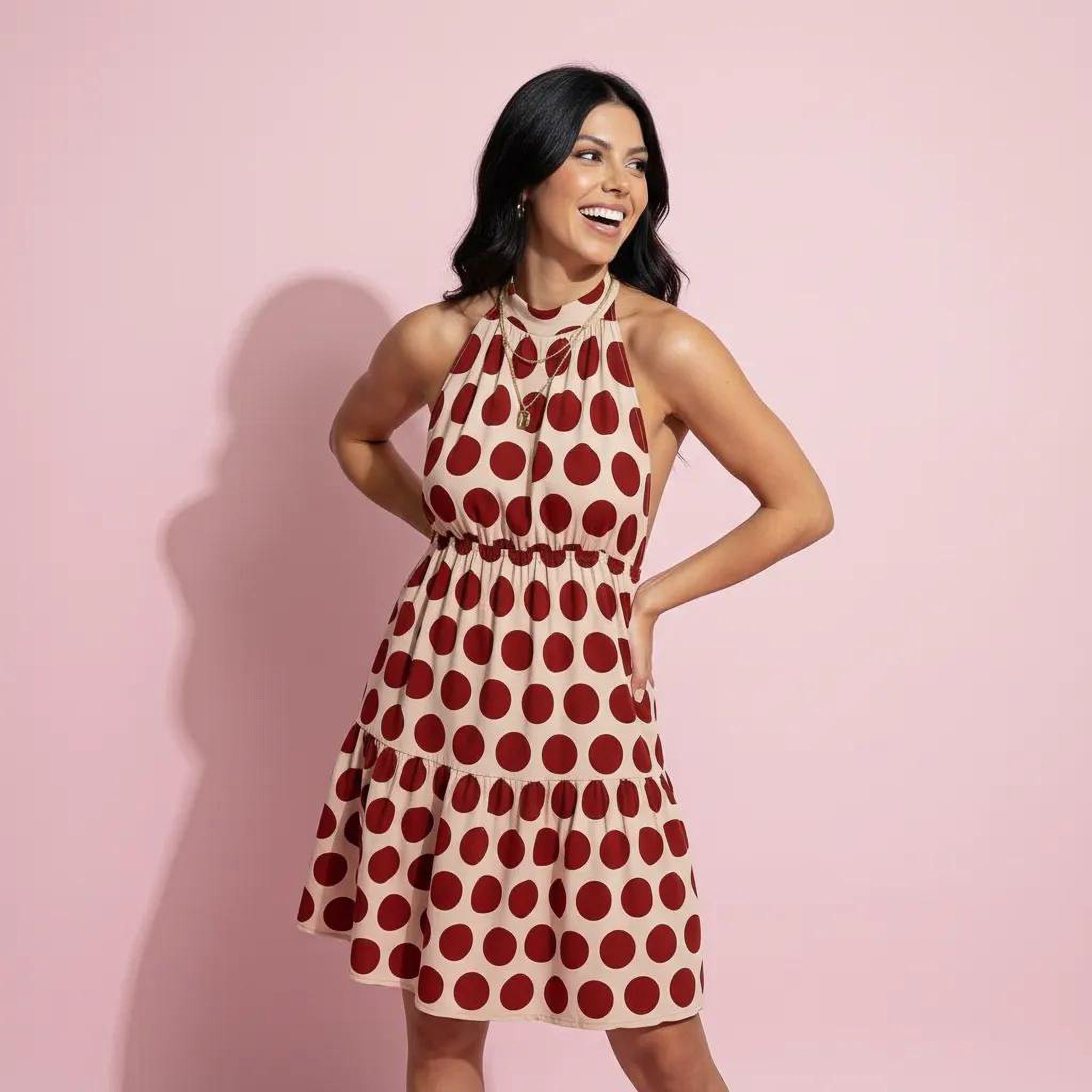 Halter Neck Backless Polka Dot Print Tiered Dress Above Knee Length Anna-Kaci Halter Neck Backless Polka Dot Print Tiered Dress Above Knee Length Anna-Kaci