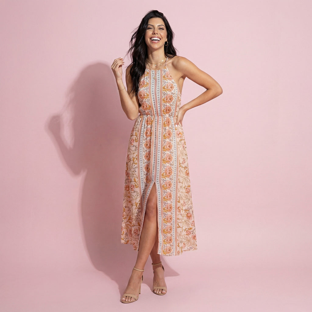 Halter Neck Backless Floral Dress