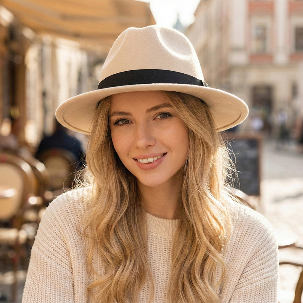 Anna-Kaci Classic Wide Brim Felt Fedora Hat with Grosgrain Band