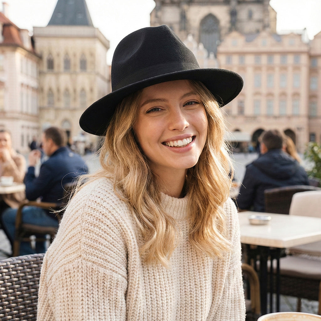 Anna-Kaci Classic Wide Brim Felt Fedora Hat with Grosgrain Band