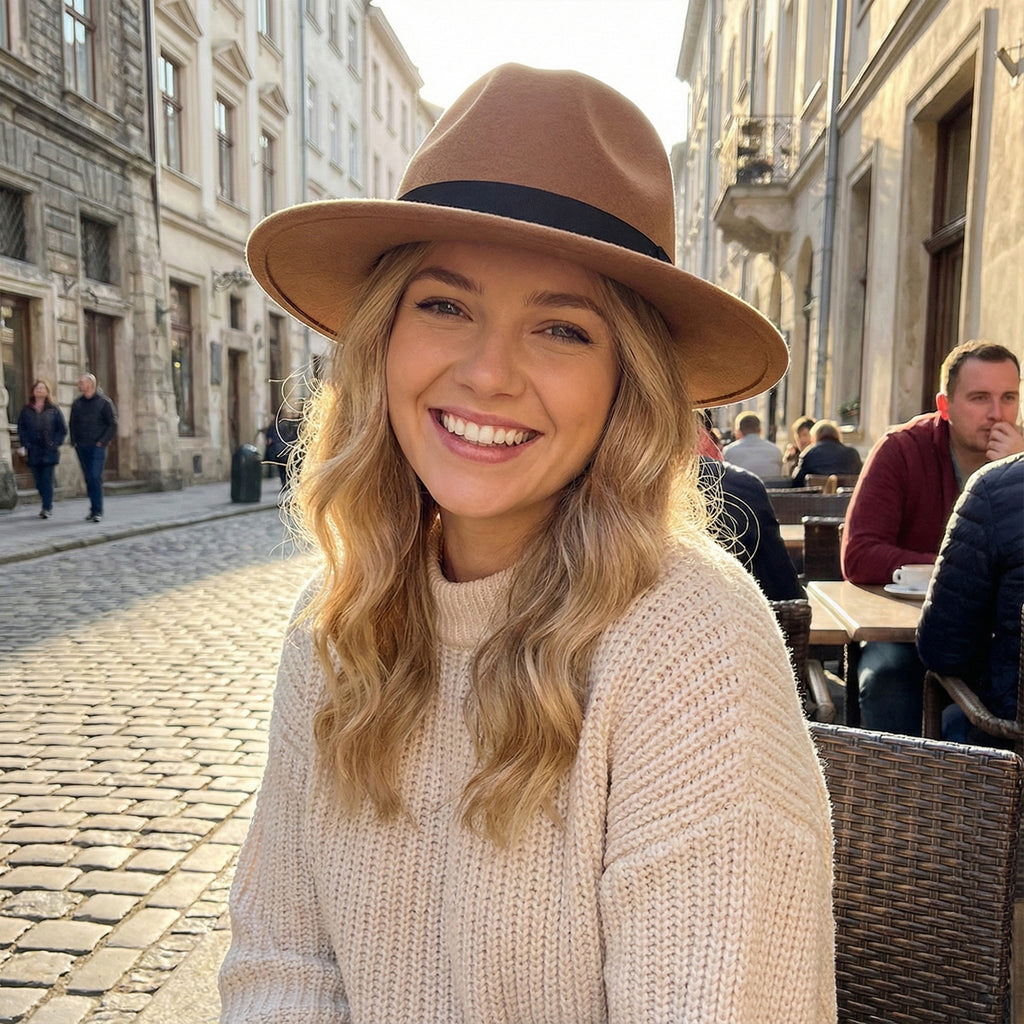 Anna-Kaci Classic Wide Brim Felt Fedora Hat with Grosgrain Band