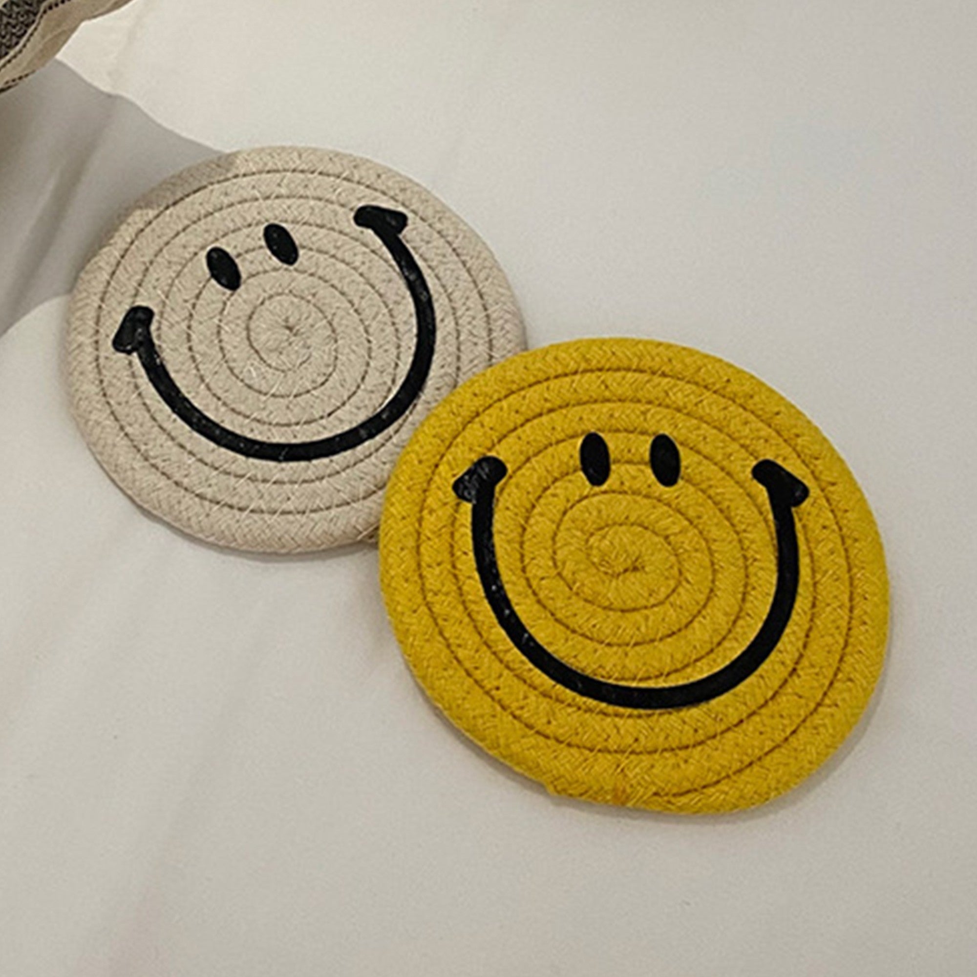 Anna-Kaci Woven Smiley Face Round Coasters for Tabletop Decoration and Surface Protection