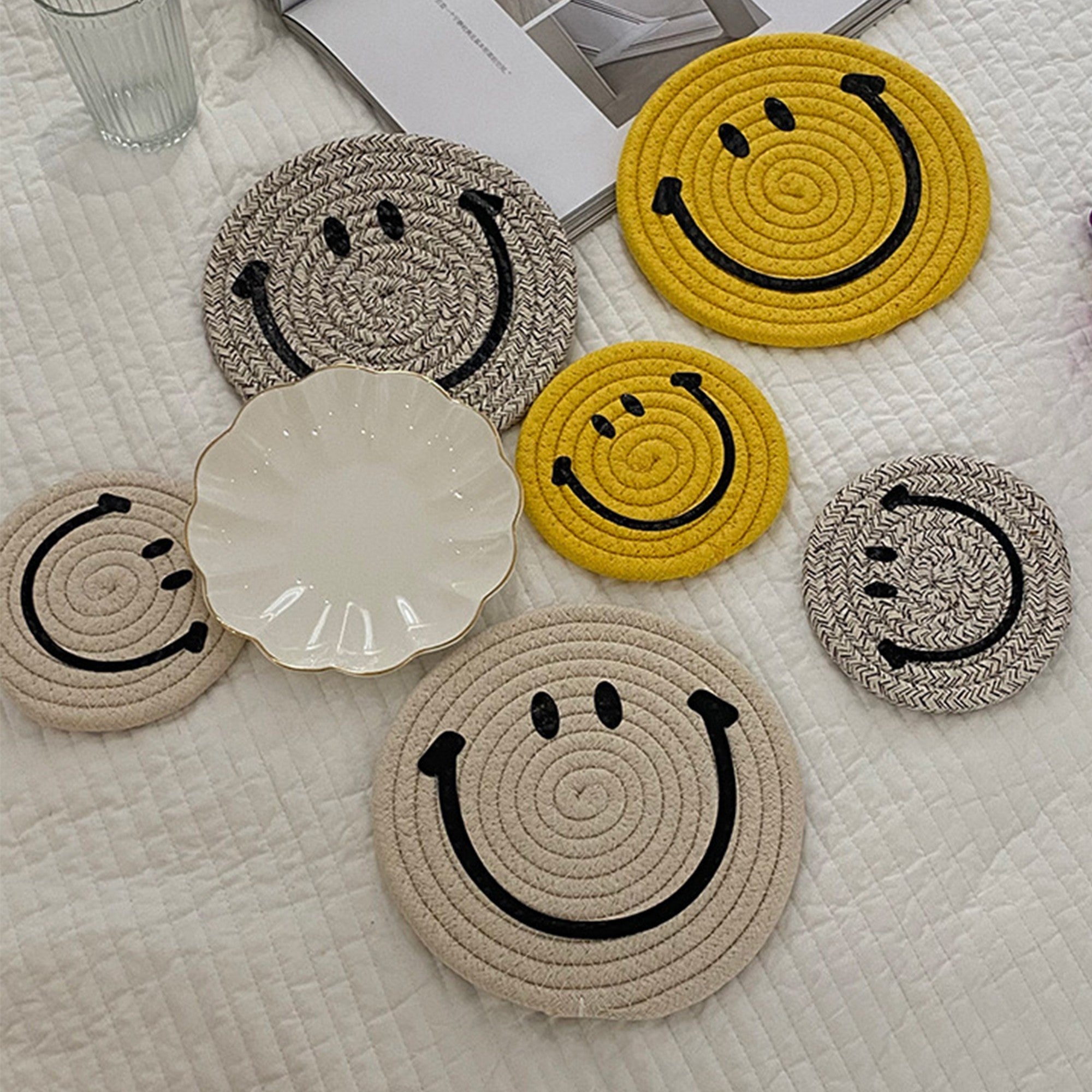 Anna-Kaci Woven Smiley Face Round Coasters for Tabletop Decoration and Surface Protection