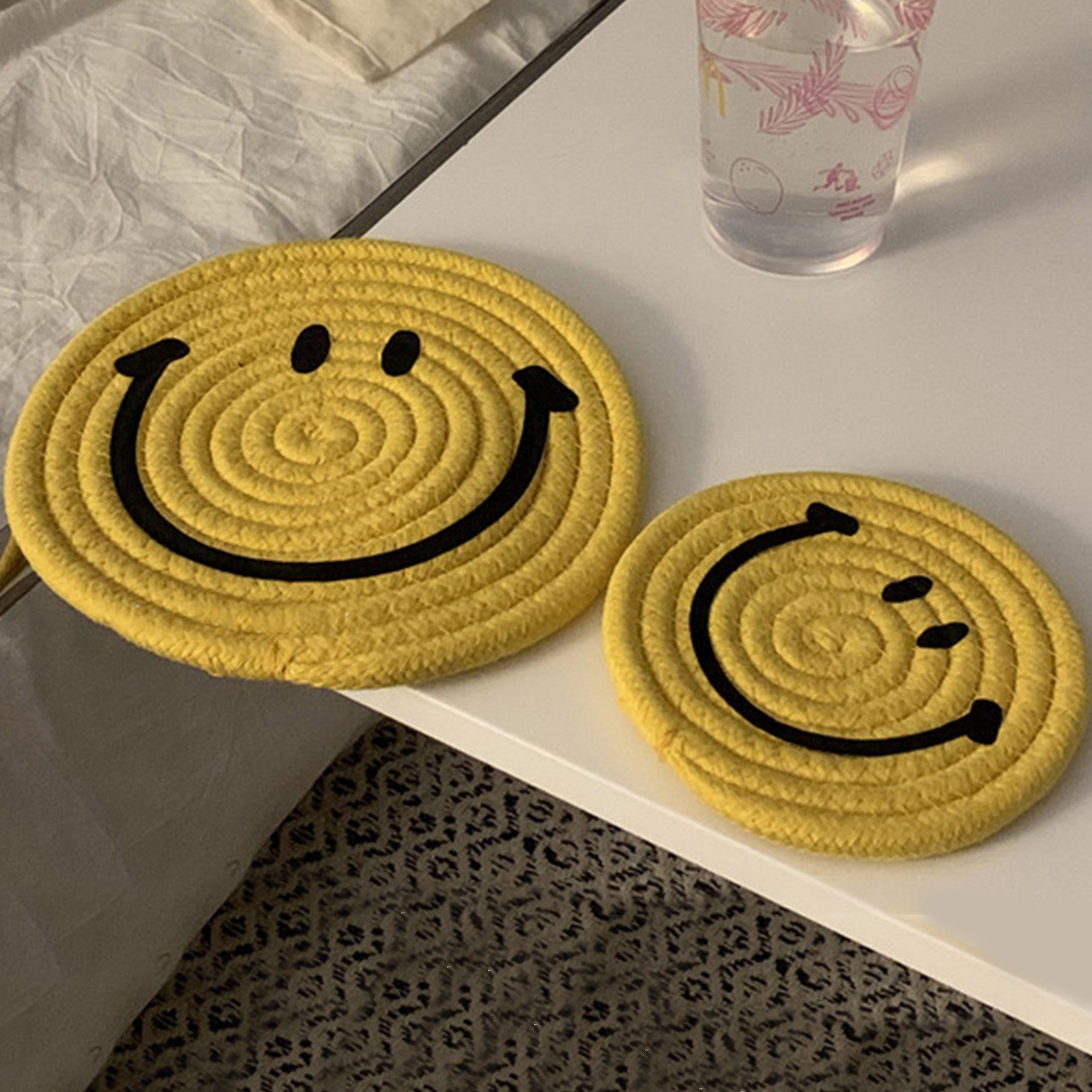 Anna-Kaci Woven Smiley Face Round Coasters for Tabletop Decoration and Surface Protection