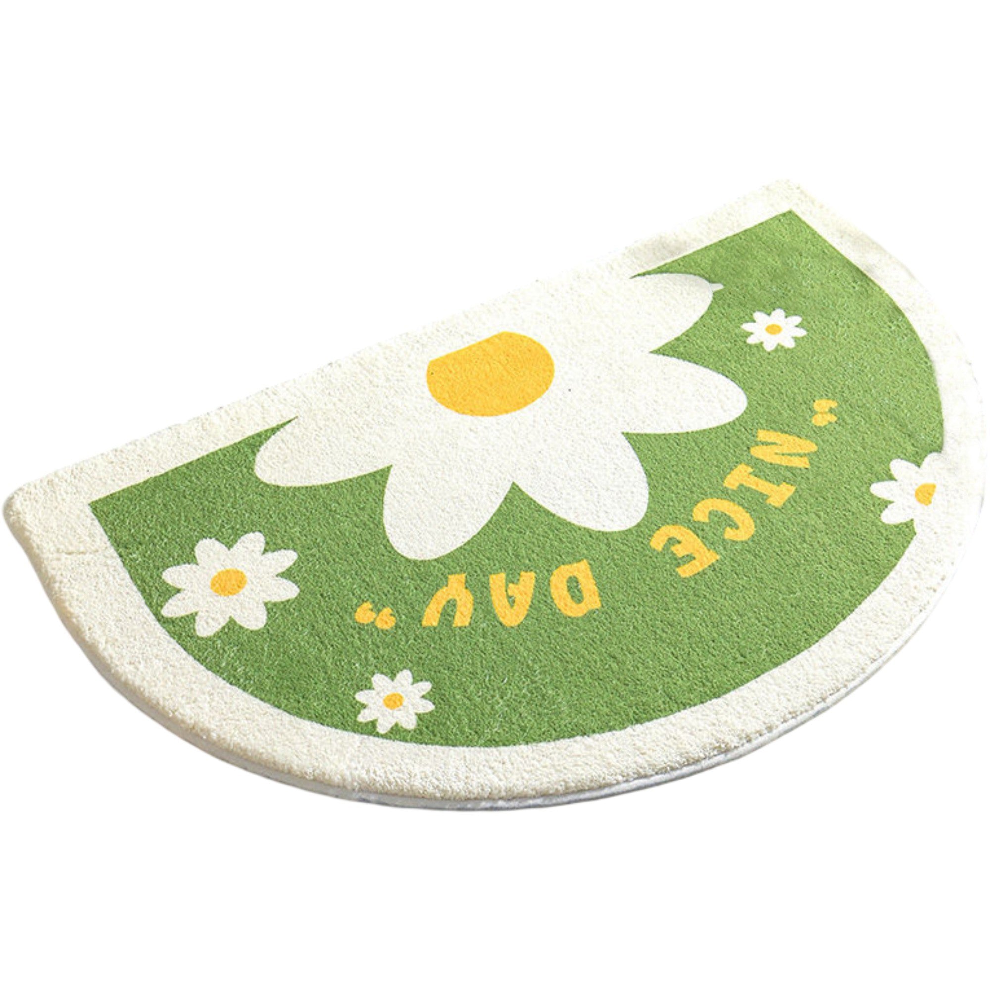 Anna-Kaci Plush Absorbent Half Moon Bathroom Floor Mat with Daisy Graphic and Text Detail Soft Bath Rug for Tub and Sink Areas