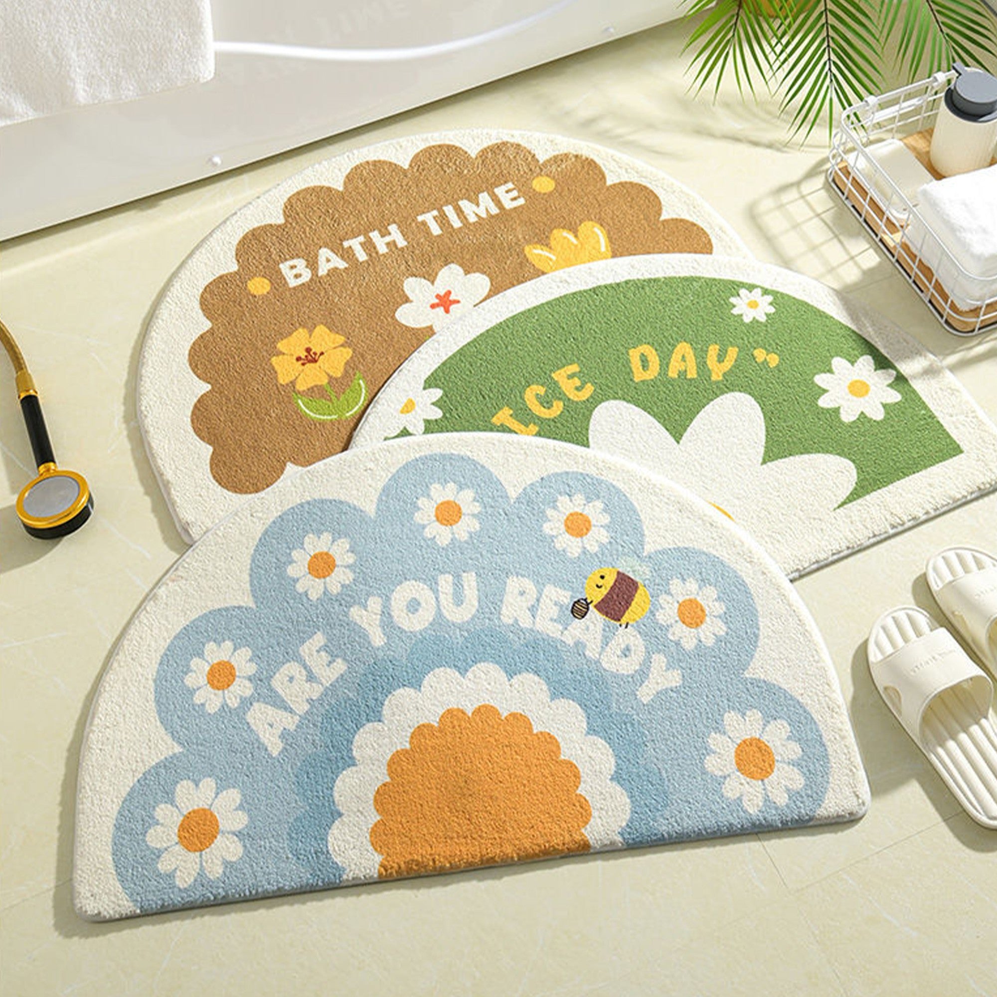 Anna-Kaci Plush Absorbent Half Moon Bathroom Floor Mat with Daisy Graphic and Text Detail Soft Bath Rug for Tub and Sink Areas