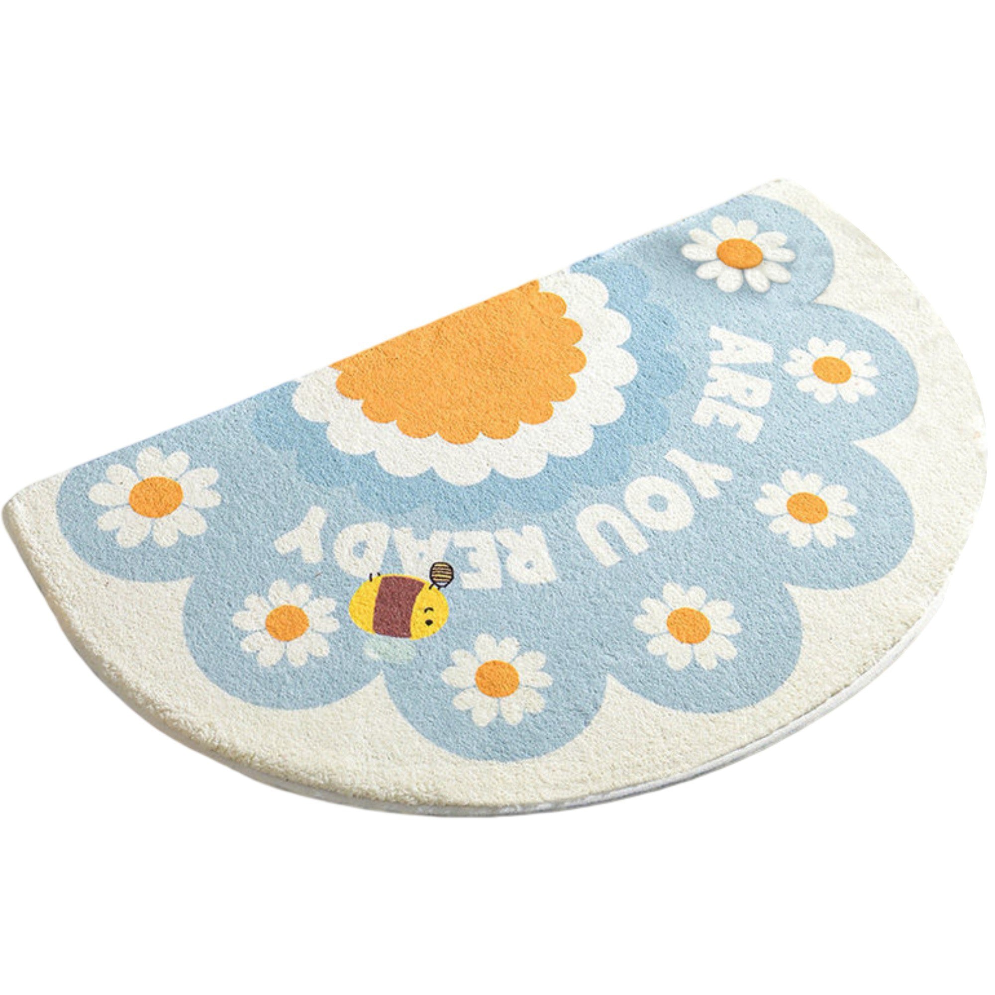 Anna-Kaci Plush Absorbent Half Moon Bathroom Floor Mat with Daisy Graphic and Text Detail Soft Bath Rug for Tub and Sink Areas