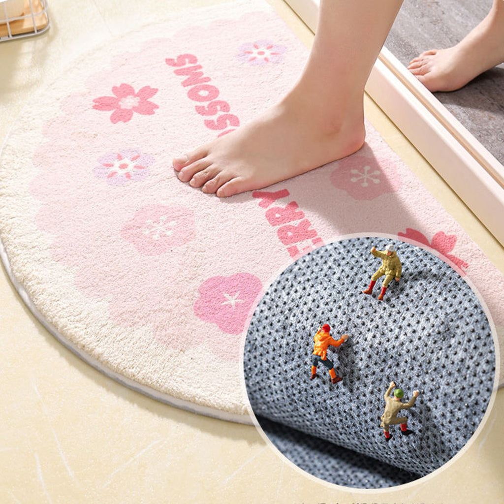 Anna-Kaci Plush Absorbent Half Moon Bathroom Floor Mat with Daisy Graphic and Text Detail Soft Bath Rug for Tub and Sink Areas