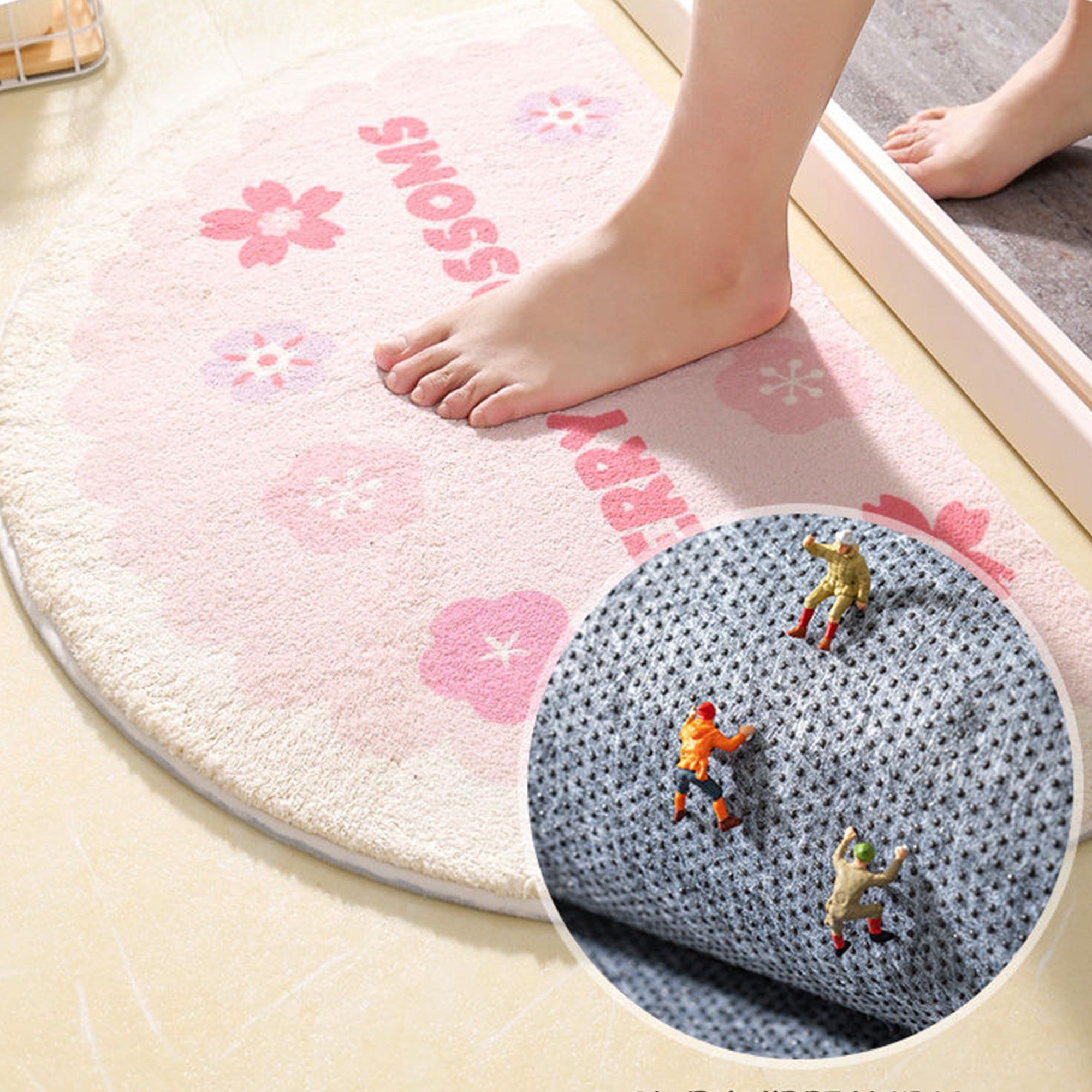 Anna-Kaci Plush Absorbent Half Moon Bathroom Floor Mat with Daisy Graphic and Text Detail Soft Bath Rug for Tub and Sink Areas