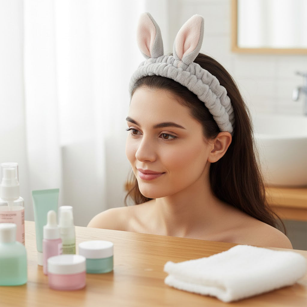 Anna-Kaci Plush Bunny Ear Headband Set Soft Stretch Wash Headbands Two Pack