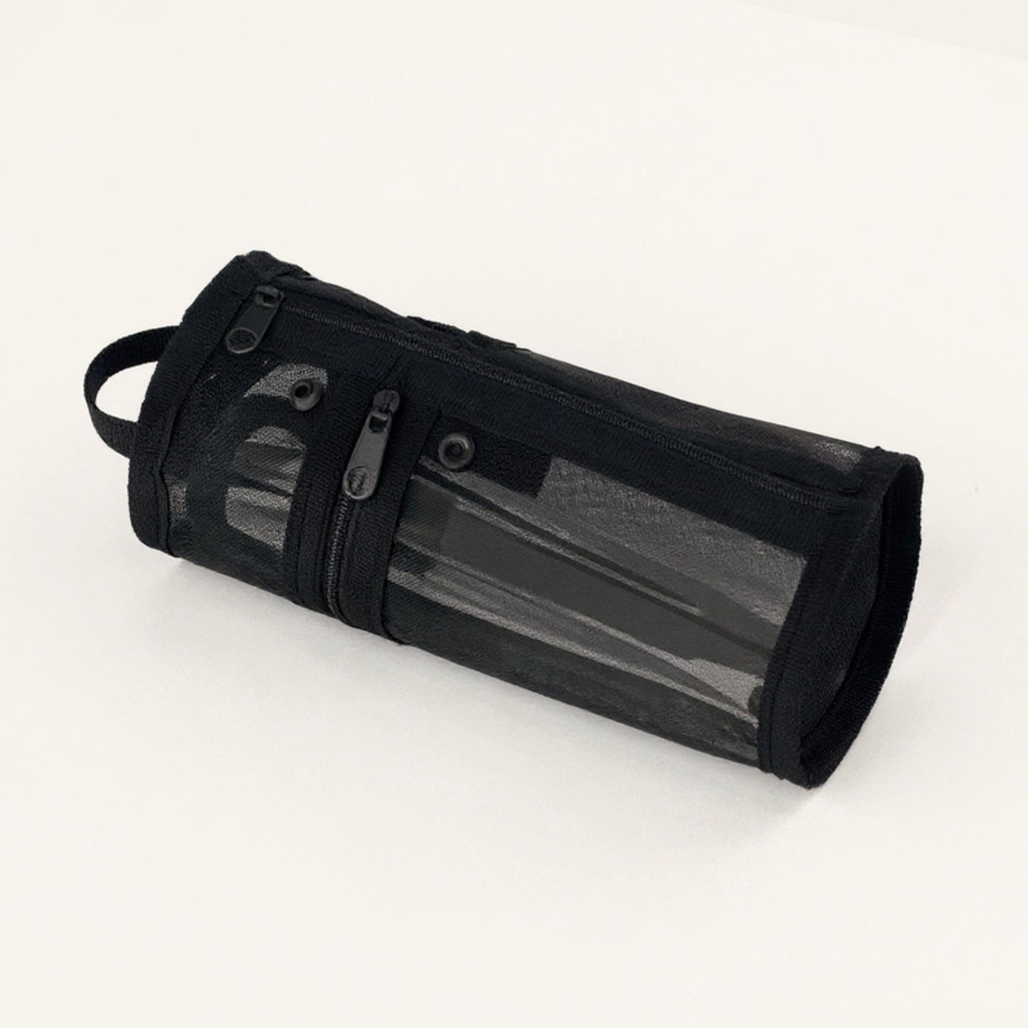 Anna-Kaci Cylindrical Mesh Case with Dual Zipper Compartments and Carry Handle 7.8x3.5 in