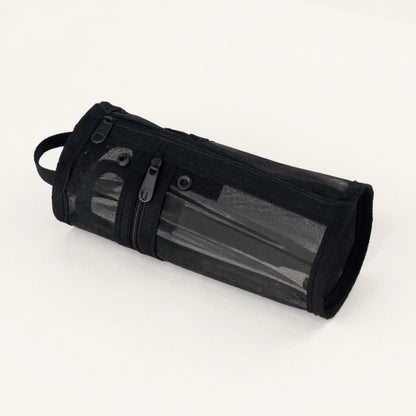 Anna-Kaci Cylindrical Mesh Case with Dual Zipper Compartments and Carry Handle 7.8x3.5 in