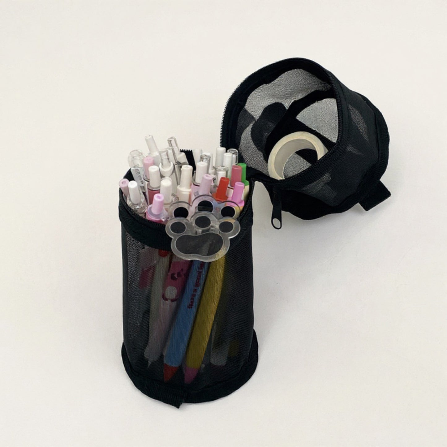 Anna-Kaci Cylindrical Mesh Case with Dual Zipper Compartments and Carry Handle 7.8x3.5 in