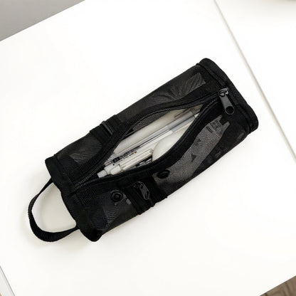 Anna-Kaci Cylindrical Mesh Case with Dual Zipper Compartments and Carry Handle 7.8x3.5 in