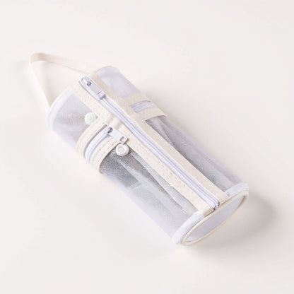 Anna-Kaci Cylindrical Mesh Case with Dual Zipper Compartments and Carry Handle 7.8x3.5 in