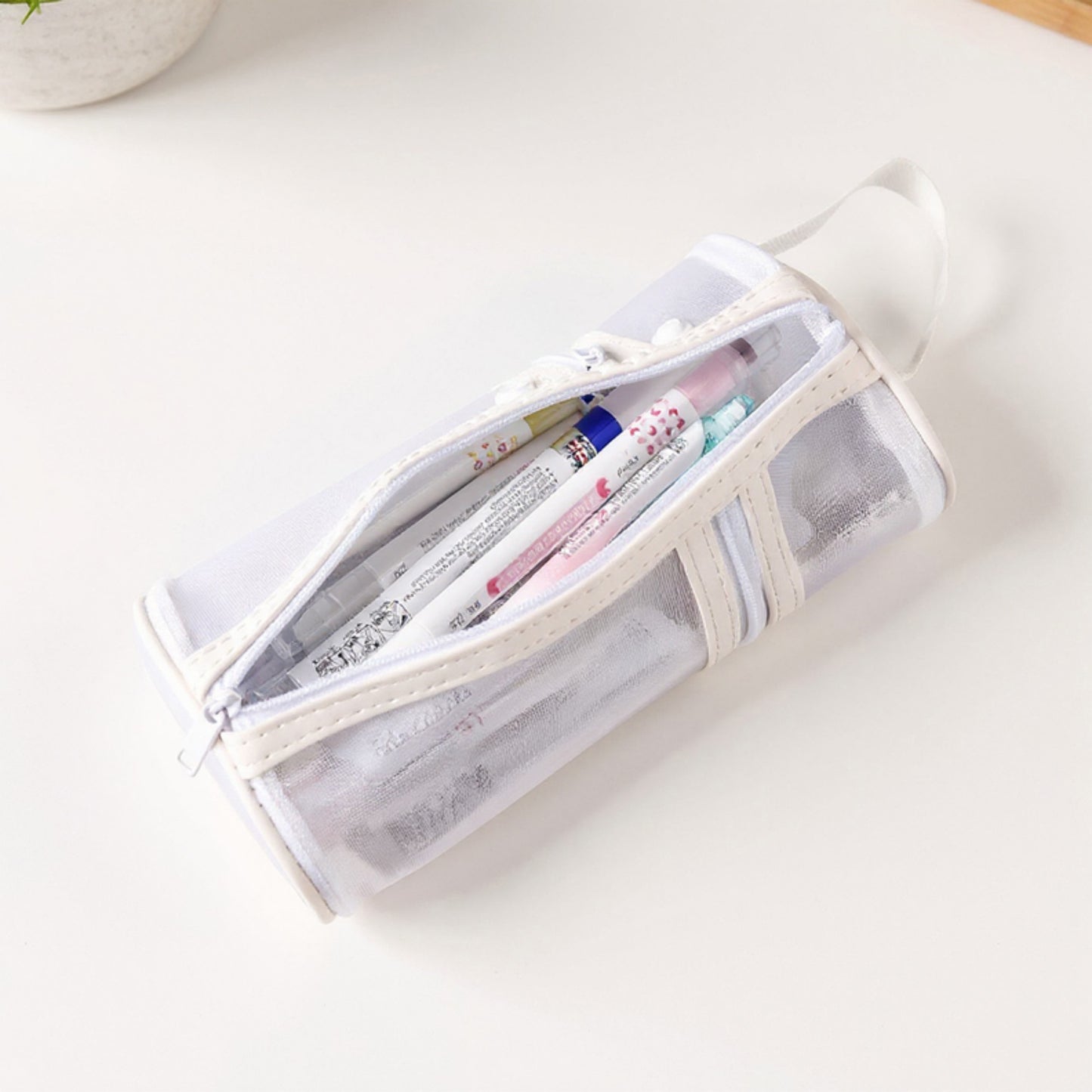 Anna-Kaci Cylindrical Mesh Case with Dual Zipper Compartments and Carry Handle 7.8x3.5 in