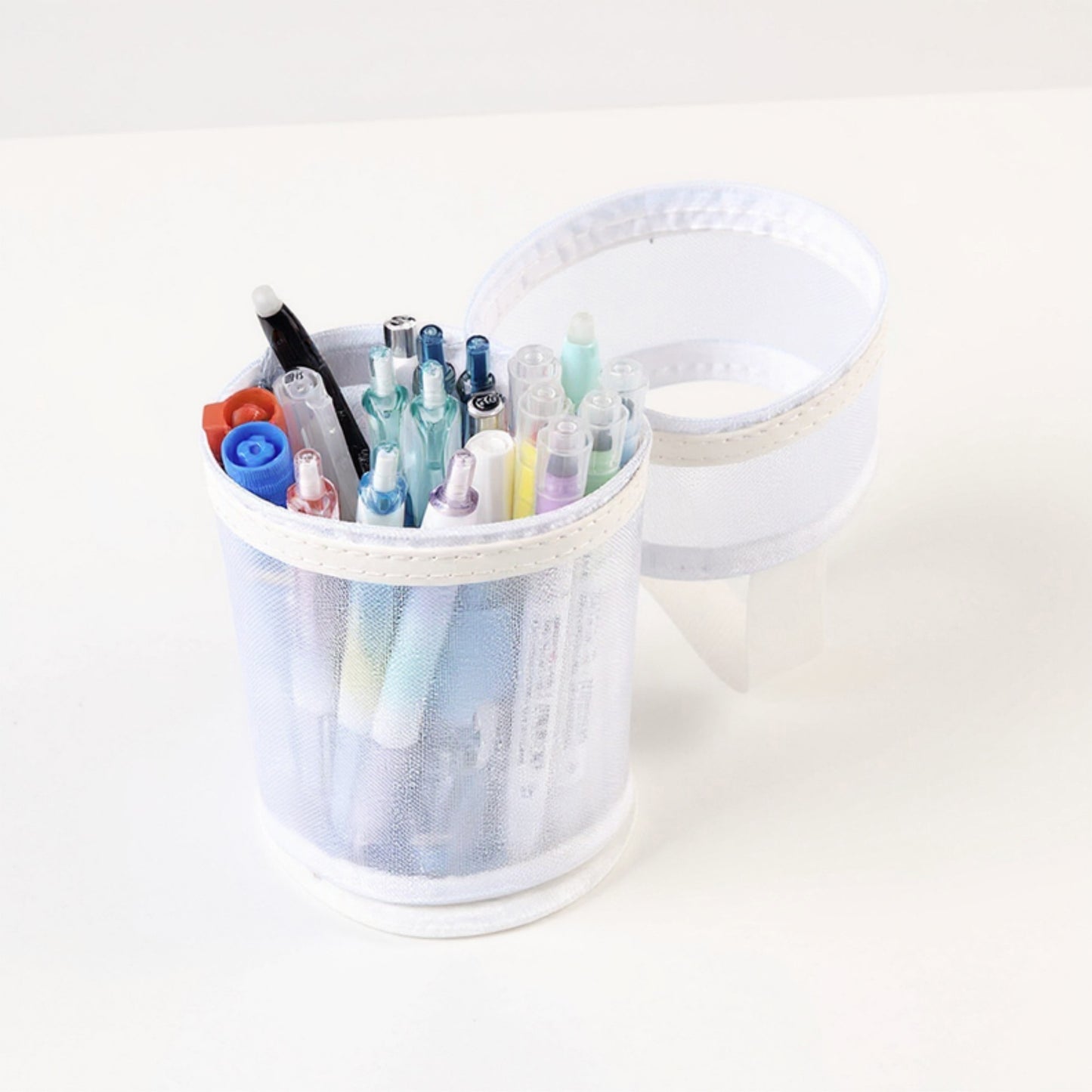 Anna-Kaci Cylindrical Mesh Case with Dual Zipper Compartments and Carry Handle 7.8x3.5 in