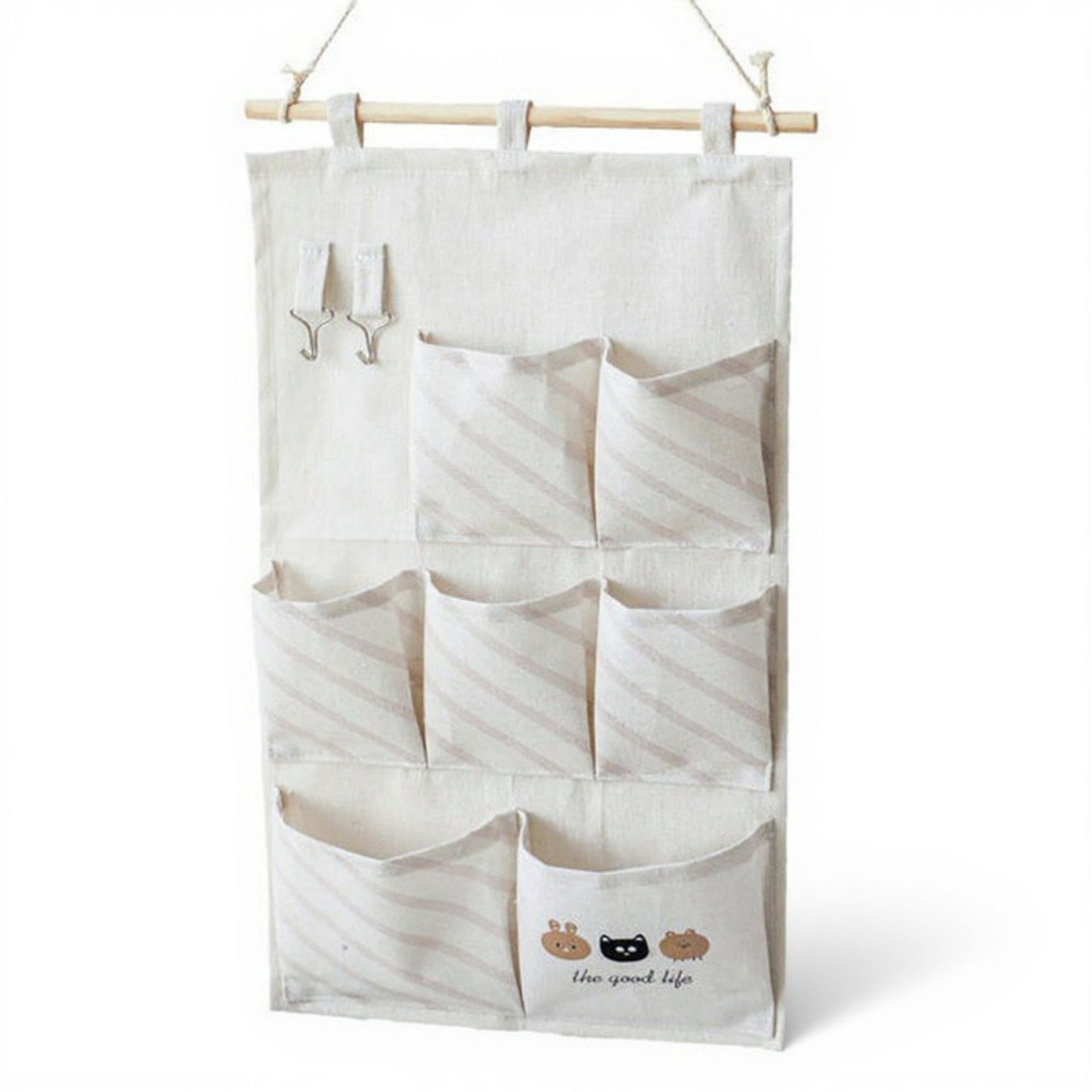 Anna-Kaci Hanging Fabric Storage Organizer with Wooden Rod and Multi-Pocket Design