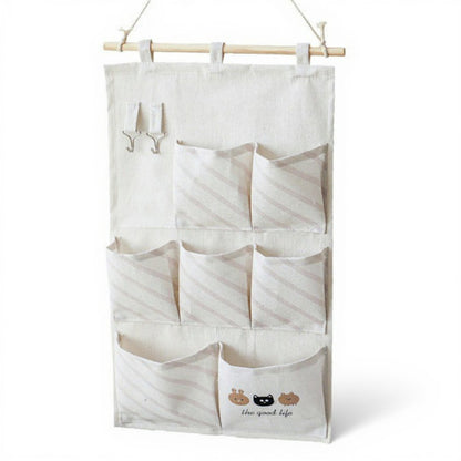 Anna-Kaci Hanging Fabric Storage Organizer with Wooden Rod and Multi-Pocket Design