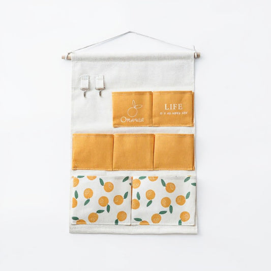 Anna-Kaci Hanging Wall Storage Organizer with Multiple Fabric Pockets and Orange Fruit Print Design