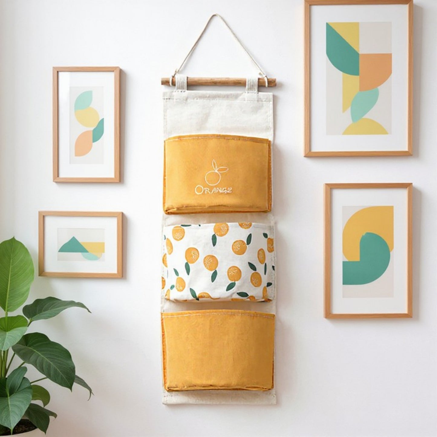 Anna-Kaci Hanging Wall Storage Organizer with Multiple Fabric Pockets and Orange Fruit Print Design