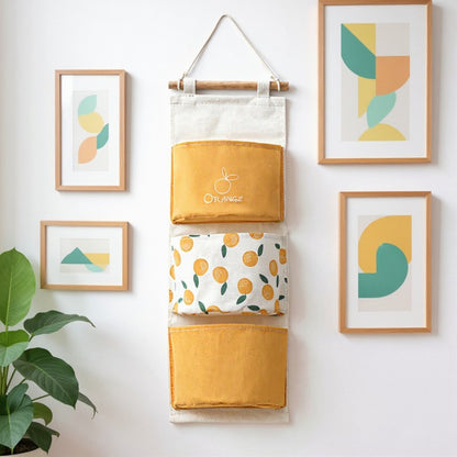 Anna-Kaci Hanging Wall Storage Organizer with Multiple Fabric Pockets and Orange Fruit Print Design