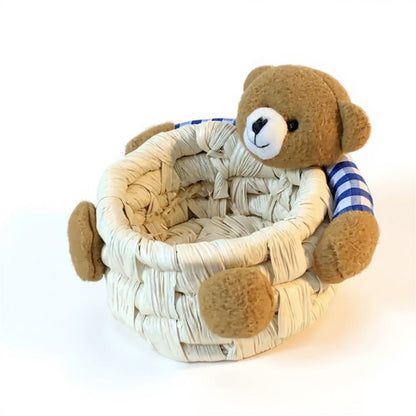 Anna-Kaci Woven Storage Basket with Plush Bear Accent and Handcrafted Design