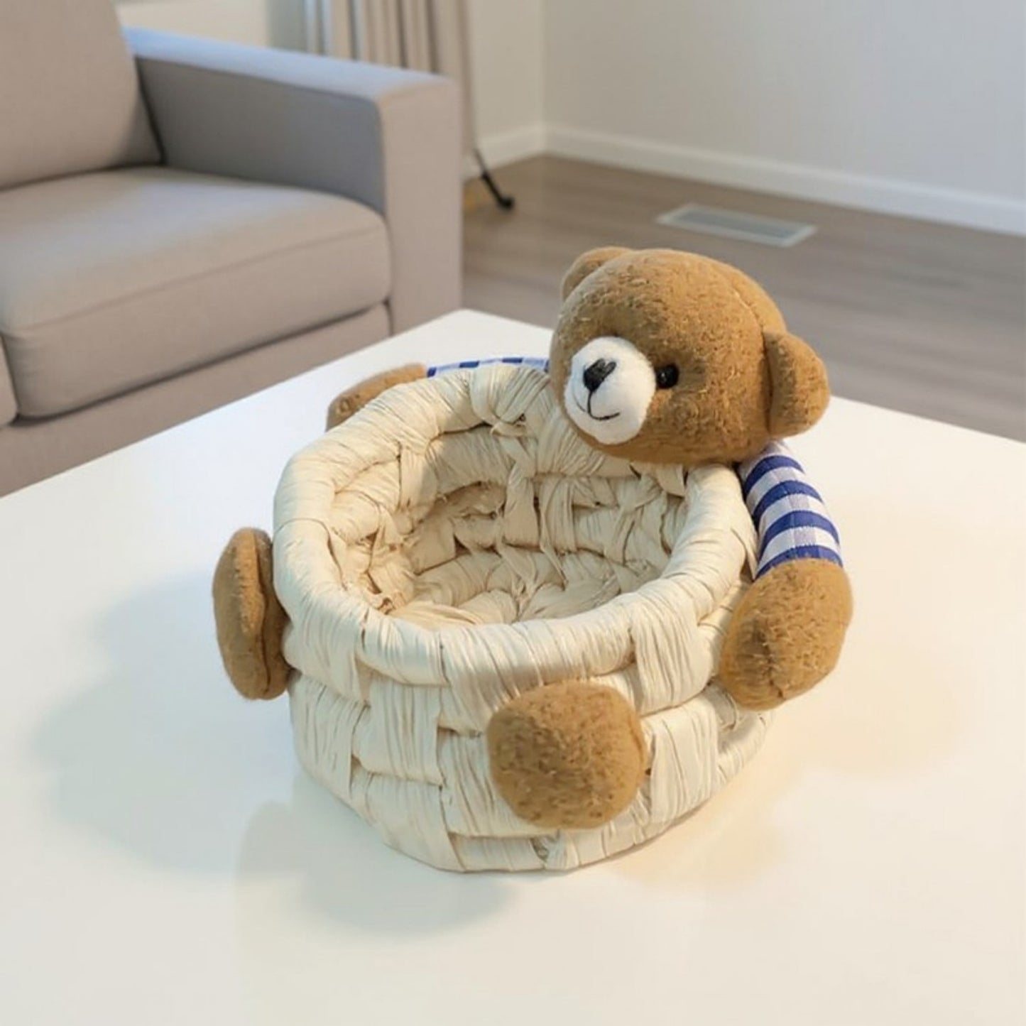 Anna-Kaci Woven Storage Basket with Plush Bear Accent and Handcrafted Design