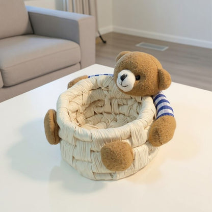 Anna-Kaci Woven Storage Basket with Plush Bear Accent and Handcrafted Design