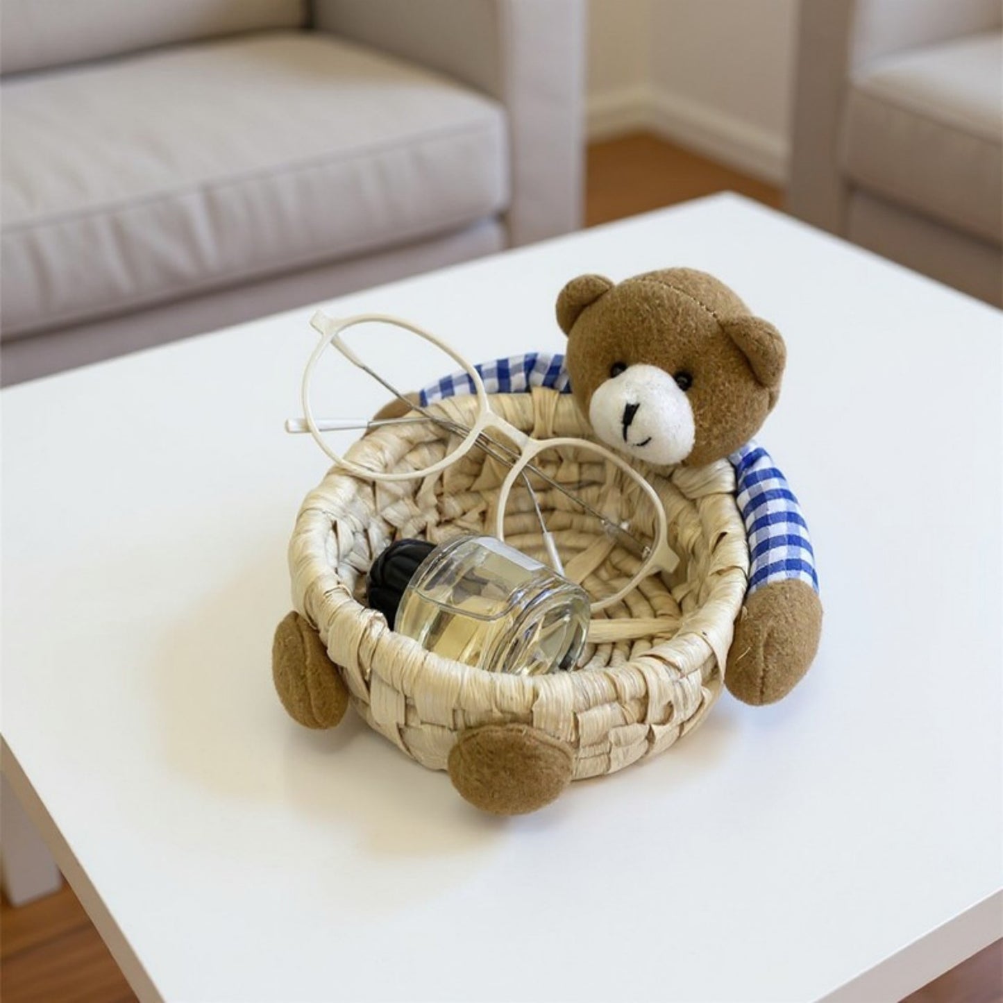 Anna-Kaci Woven Storage Basket with Plush Bear Accent and Handcrafted Design