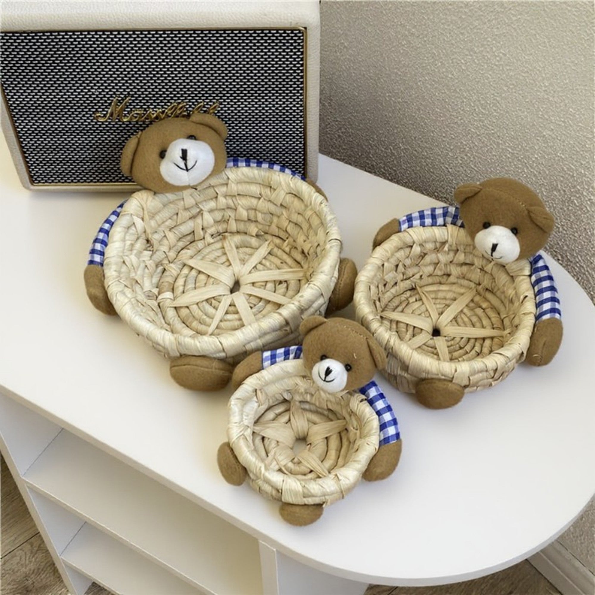 Anna-Kaci Woven Storage Basket with Plush Bear Accent and Handcrafted Design