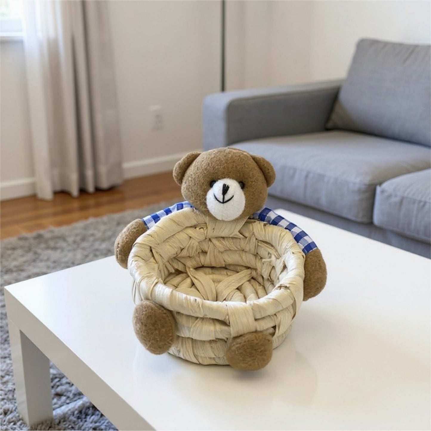 Anna-Kaci Woven Storage Basket with Plush Bear Accent and Handcrafted Design