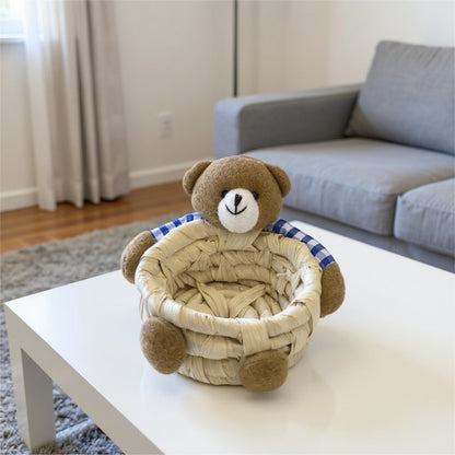 Anna-Kaci Woven Storage Basket with Plush Bear Accent and Handcrafted Design