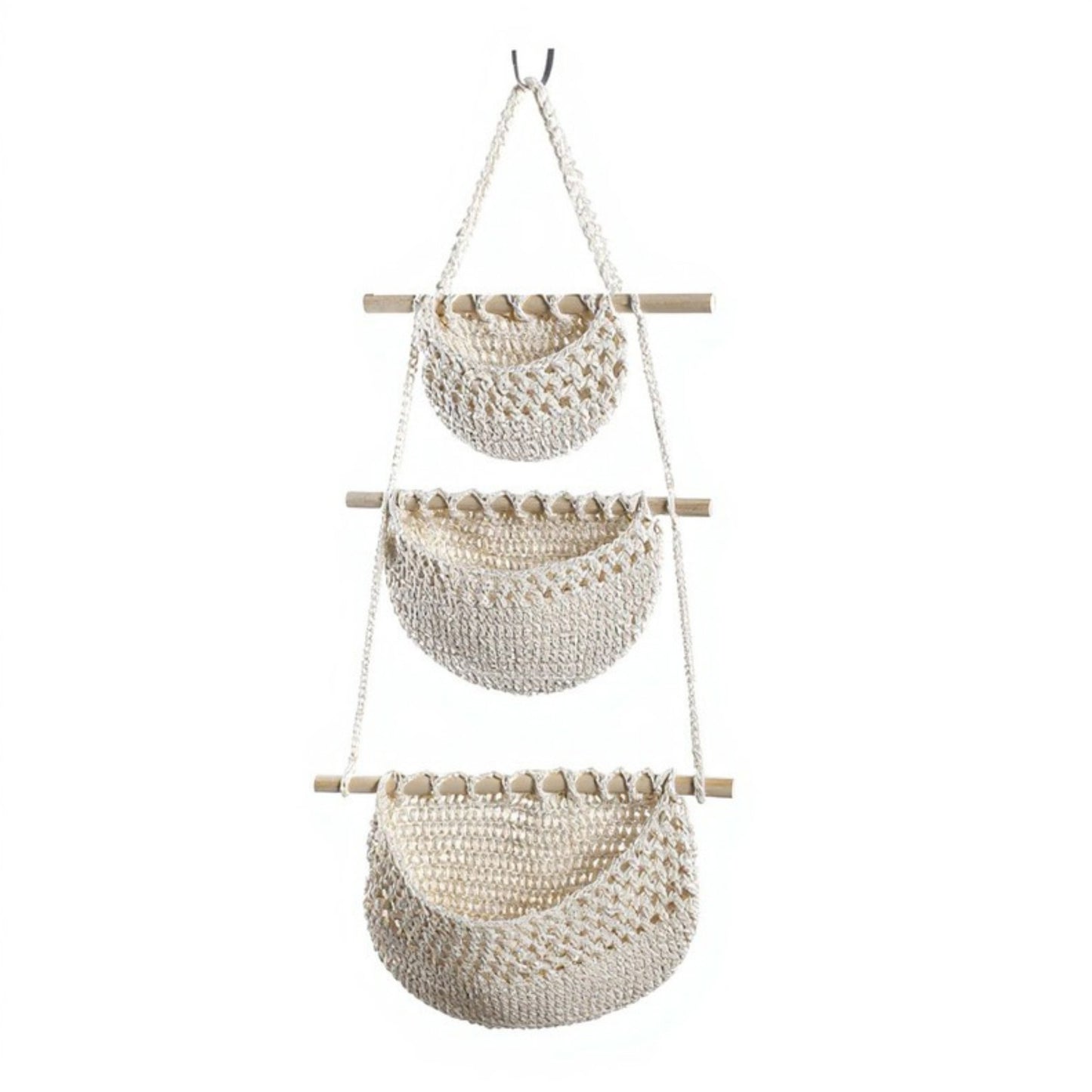 Anna-Kaci 3-Tier Woven Hanging Storage Baskets with Wooden Rods and Rope Hanger