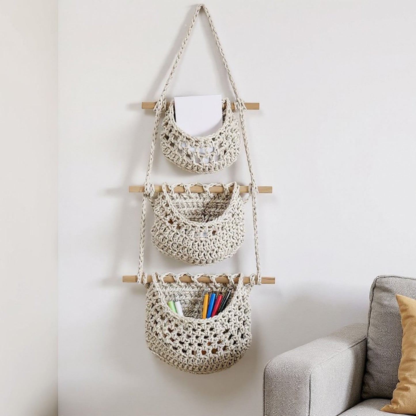 Anna-Kaci 3-Tier Woven Hanging Storage Baskets with Wooden Rods and Rope Hanger
