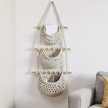 Anna-Kaci 3-Tier Woven Hanging Storage Baskets with Wooden Rods and Rope Hanger