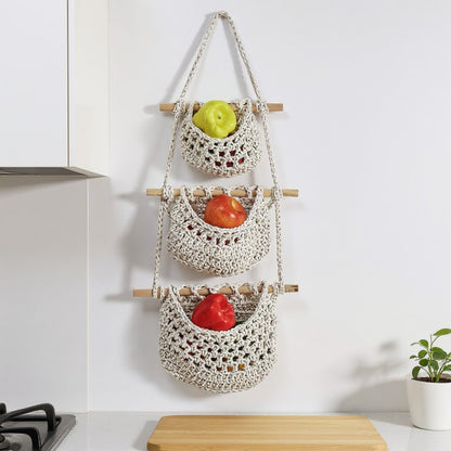 Anna-Kaci 3-Tier Woven Hanging Storage Baskets with Wooden Rods and Rope Hanger
