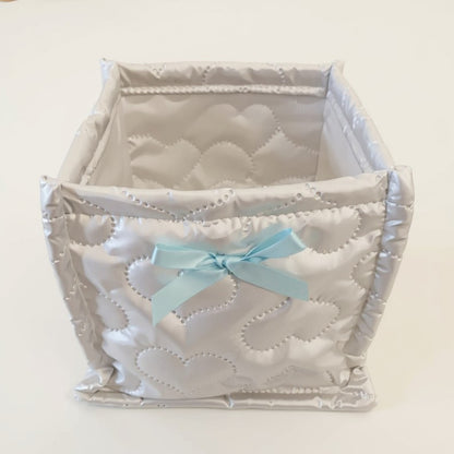 Anna-Kaci Quilted Storage Basket with Heart Stitching and Bow Accent