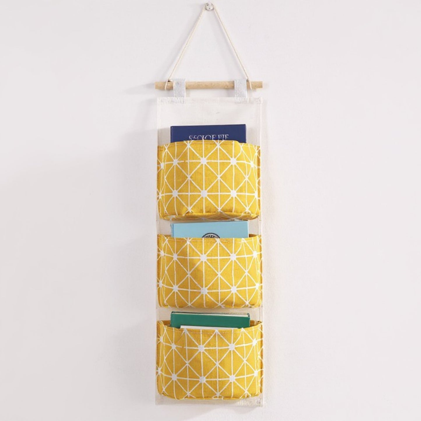 Anna-Kaci Hanging Wall Organizer with Three Fabric Pockets and Wooden Rod Design