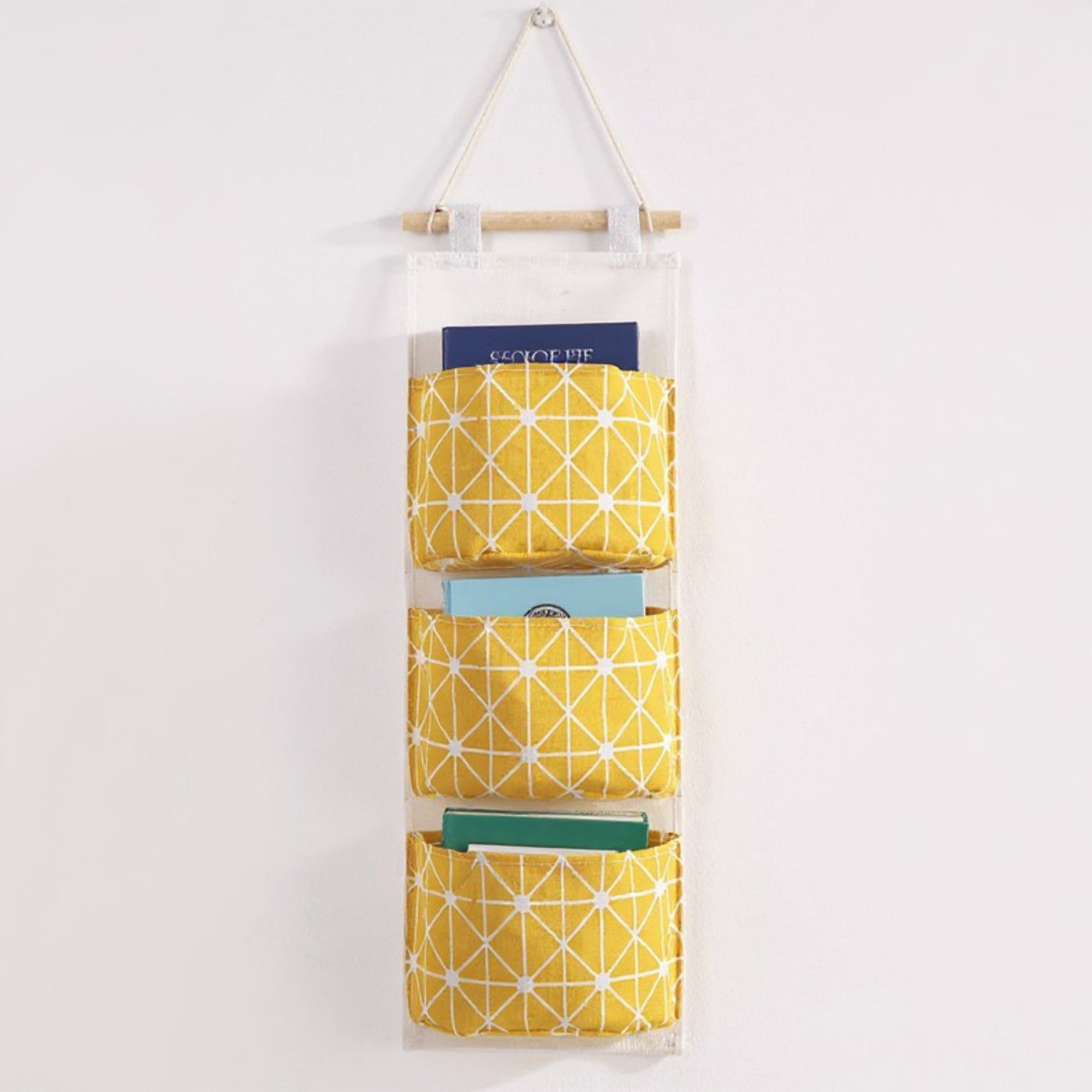 Anna-Kaci Hanging Wall Organizer with Three Fabric Pockets and Wooden Rod Design