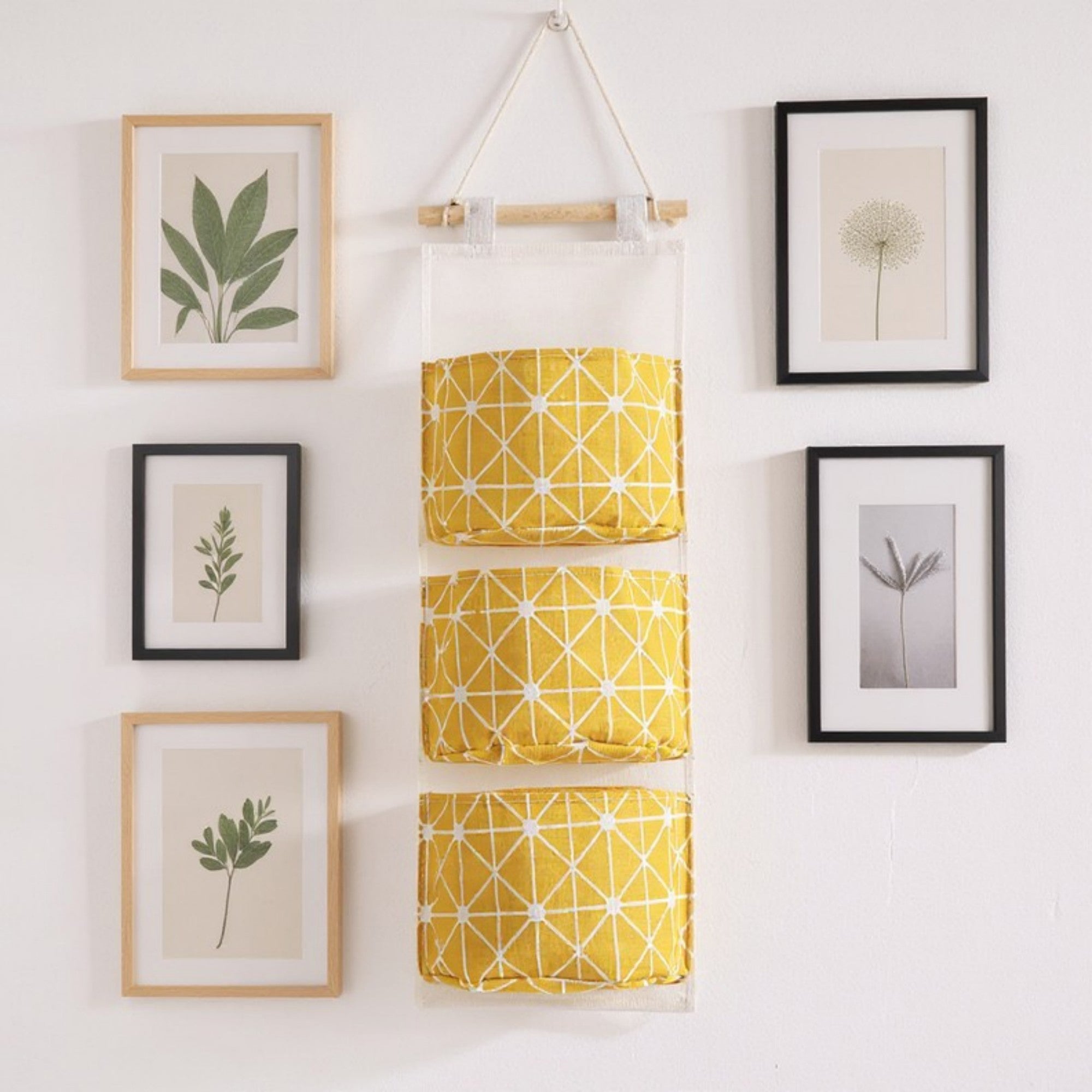 Anna-Kaci Hanging Wall Organizer with Three Fabric Pockets and Wooden Rod Design