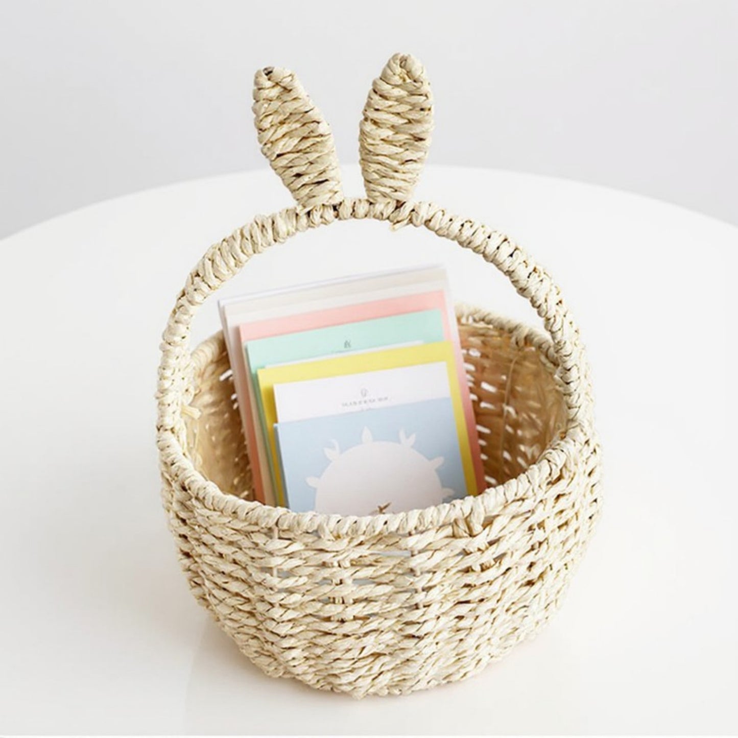 Anna-Kaci Woven Bunny Ear Basket with Handle and Round Storage Design