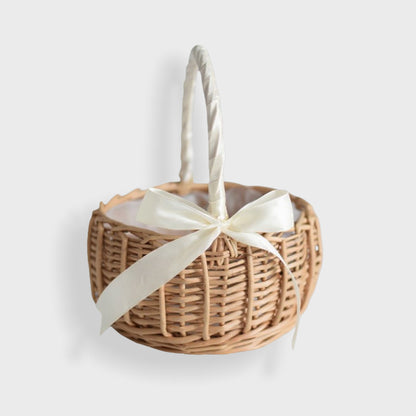 Anna-Kaci Round Woven Basket with Handle and Decorative Ribbon Accent