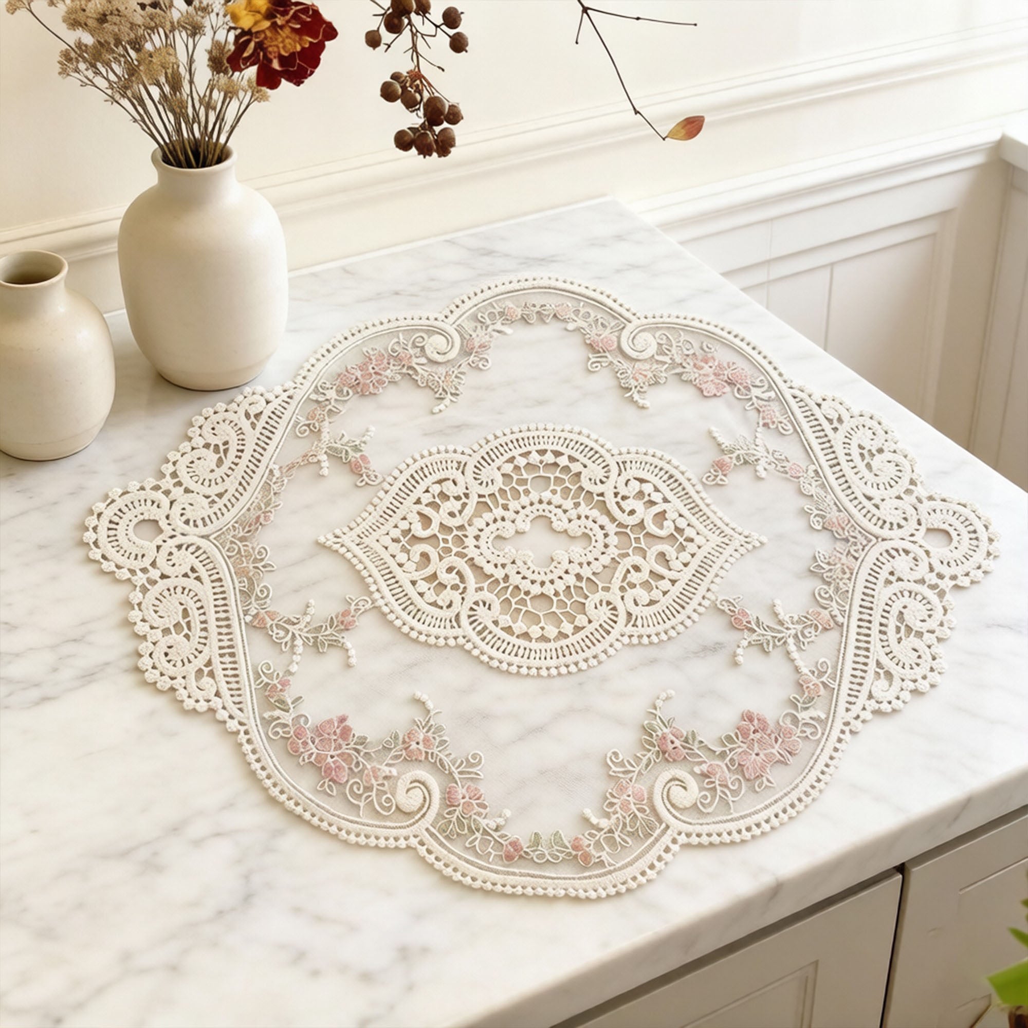 Anna-Kaci Embroidered Floral Lace Doily with Scalloped Edges and Vintage Detailing 11.8 in