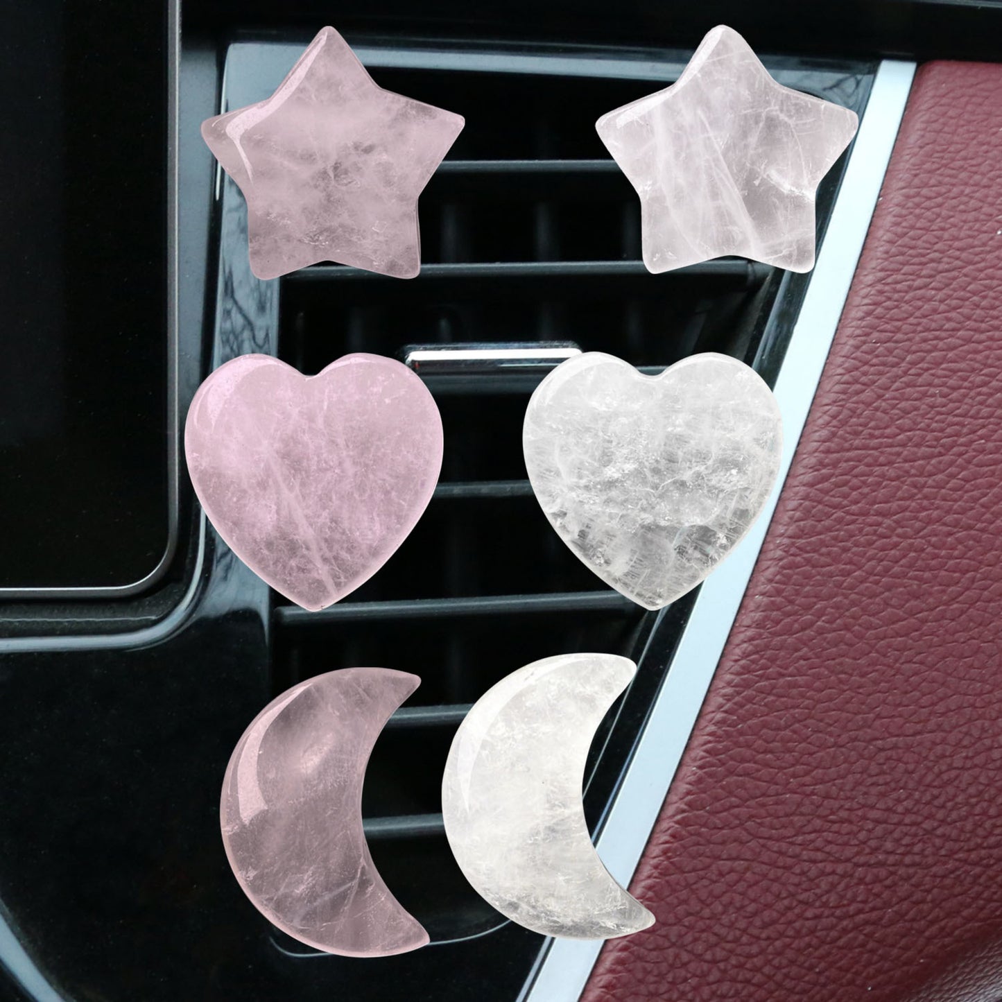 Anna-Kaci Rose Quartz Car Vent Clip Set with Heart, Star, and Moon Shapes