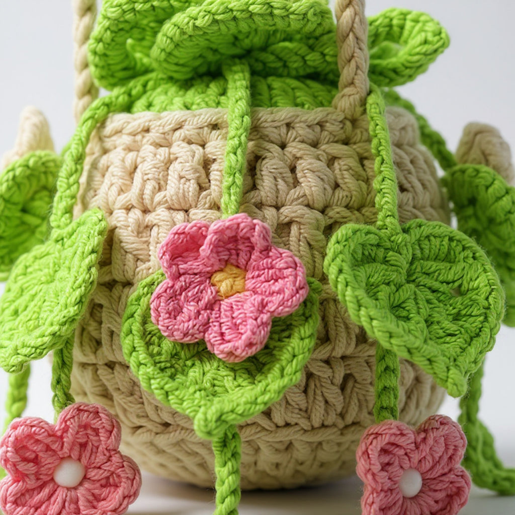 Anna-Kaci Handmade Crochet Hanging Flower Basket Decoration with Blooming Details
