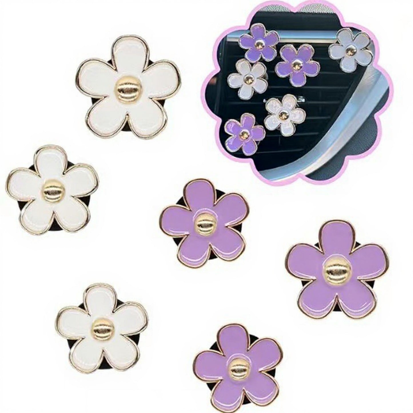 Anna-Kaci 6-Piece Pink Flower Car Air Vent Clip Set with Gold Accent Petals