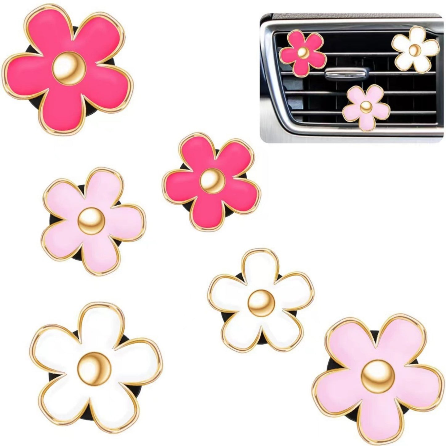 Anna-Kaci 6-Piece Pink Flower Car Air Vent Clip Set with Gold Accent Petals