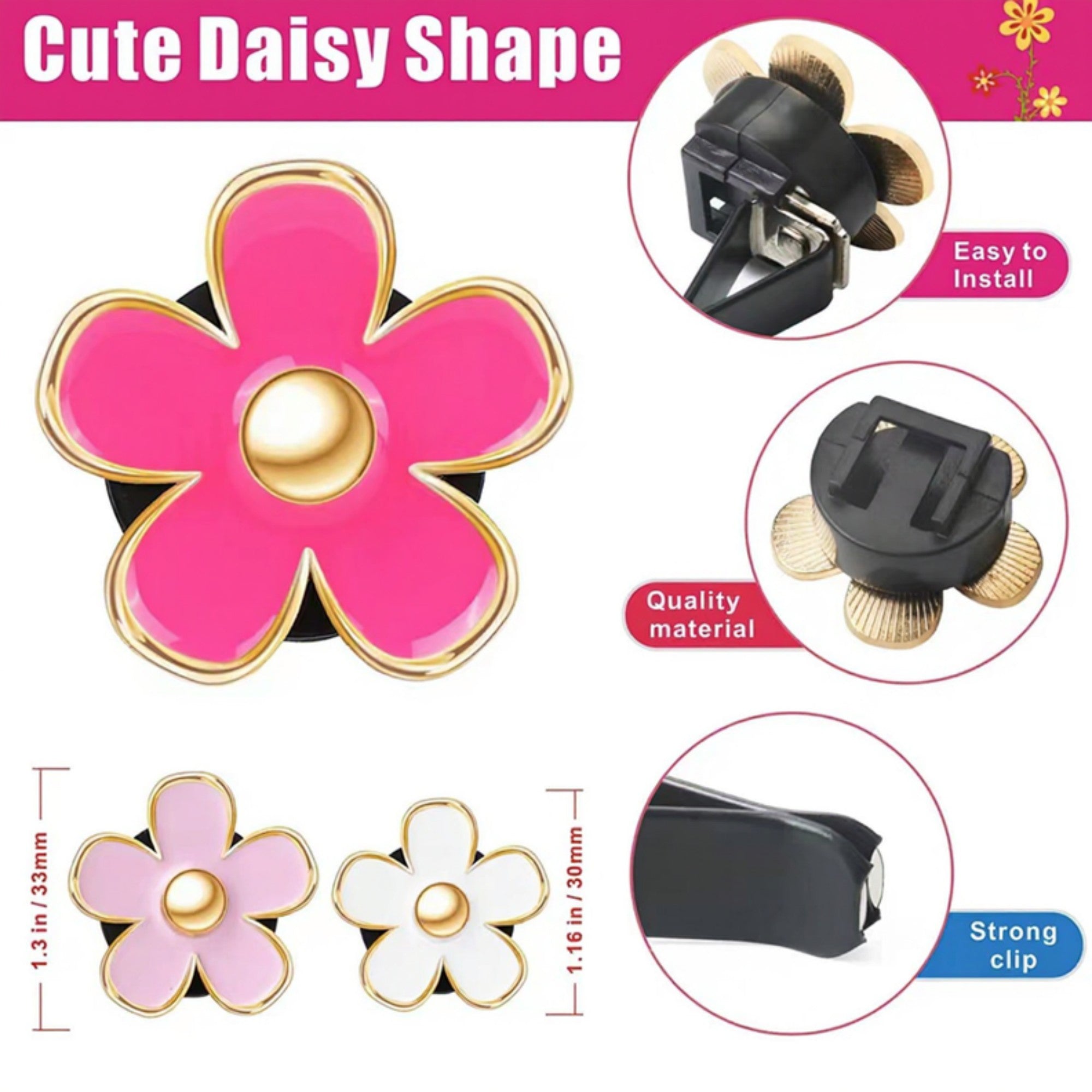 Anna-Kaci 6-Piece Pink Flower Car Air Vent Clip Set with Gold Accent Petals