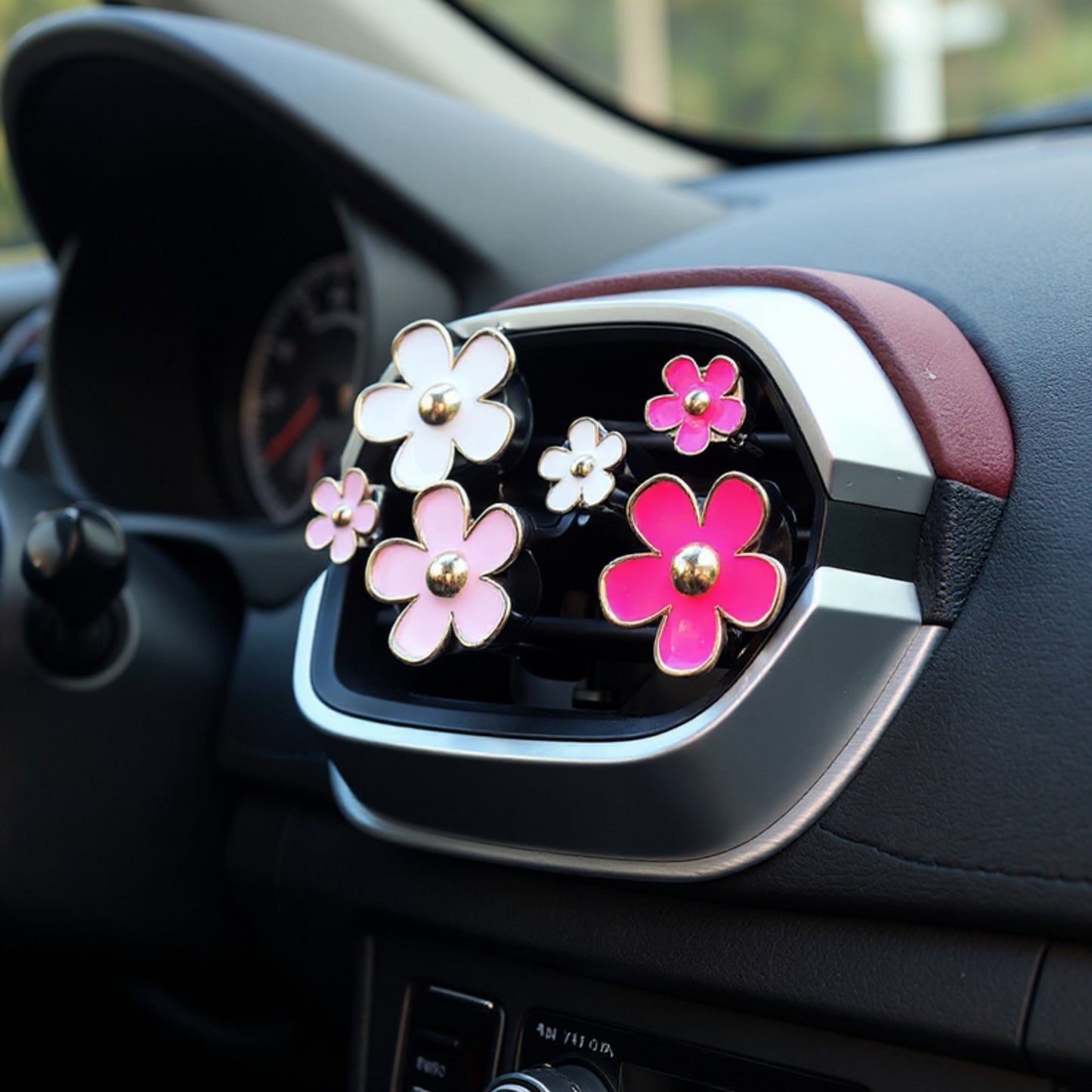 Anna-Kaci 6-Piece Pink Flower Car Air Vent Clip Set with Gold Accent Petals